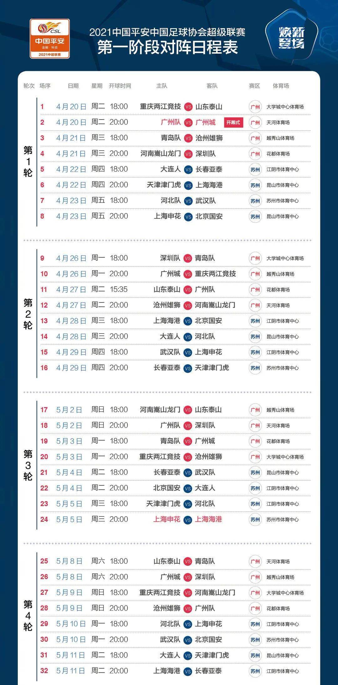 中超最新赛程表公布，战火重燃群雄争霸